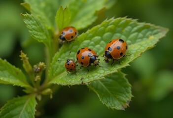 Fototapeta premium Ladybugs crawling delicately over green leaves