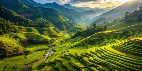 Obraz premium Aerial View of Lush Green Rice Terraces, Sapa Vietnam & Paro Valley, Bhutan - Drone Photography