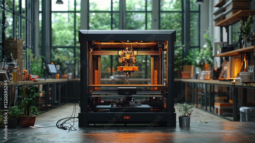 Poster modern 3d printer operating in a stylish workspace