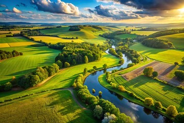 Fototapeta premium Aerial View of Lush Summer Landscape: Rolling Hills, Green Fields, and Blue Sky