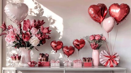 Romantic Valentine's Day Decor with Heart Balloons, Flowers, and Chocolates