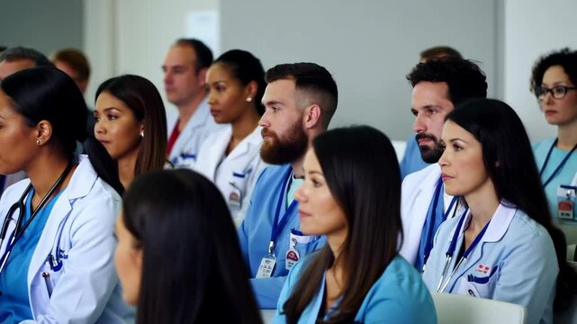 Multicultural group of doctors attending a medical conference, engaged in professional discussion and knowledge sharing  
