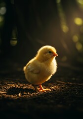 A yellow chick in a dark forest with sun backlight shining through the trees

