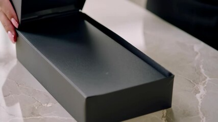 Elegant unboxing of a black box on white marble, showcasing luxury and sophistication in a minimalist setting