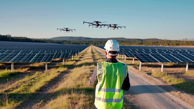 Solar farm maintenance worker inspecting photovoltaic panels while drones fly overhead to monitor the facility's condition