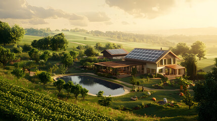 Fototapeta premium An eco-friendly farmhouse with solar panels and wind turbines, located in a serene valley surrounded by lush forests and vibrant greenery.