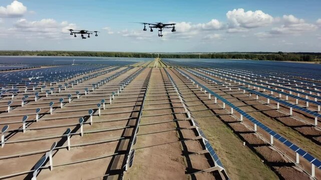 Aerial view of a solar farm with drones flying overhead and a worker inspecting photovoltaic panels for maintenance