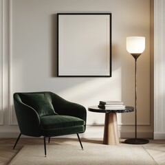 Contemporary minimalist room featuring a dark green velvet armchair, black marble table, and floor lamp. Includes a light brown carpet, beige parquet flooring, and white walls.