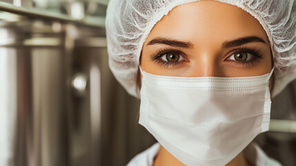 Close-up of a female worker wearing a white protective suit, mask, and gloves, her focused eyes visible as she monitors operations. The blurred background reveals a modern pharmace