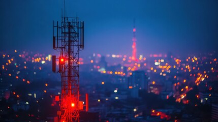Cell tower with red light and 5g connectivity against a clear blue sky during daytime