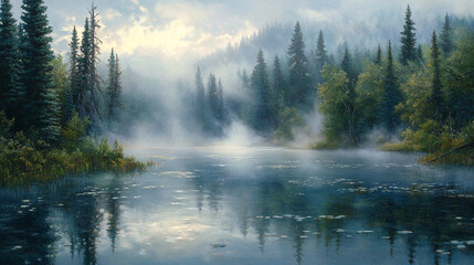 Serene Misty Morning Lake Tranquil Forest Peaceful Nature Landscape Scene Calm Water Reflections Fog