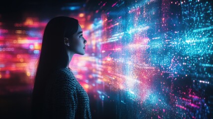 Woman observing a wall illuminated with colorful lights representing 5g connectivity technology