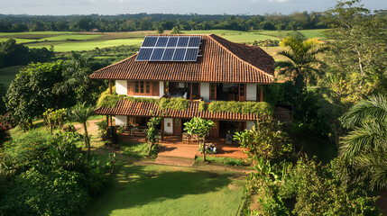 Obraz premium An eco-friendly farmhouse with solar panels and wind turbines, located in a serene valley surrounded by lush forests and vibrant greenery.