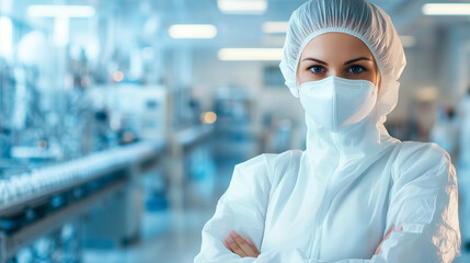 Shoulder view of a female worker in a white protective suit and mask, standing in a bright pharmaceutical manufacturing facility. The blurred background shows conveyor belts carryi