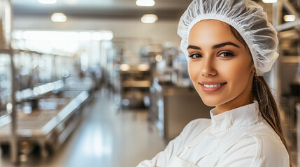 From over the shoulder, a female worker in full protective gear, including a white suit and mask, observes the operations of a modern pharmaceutical facility. The blurred backgroun