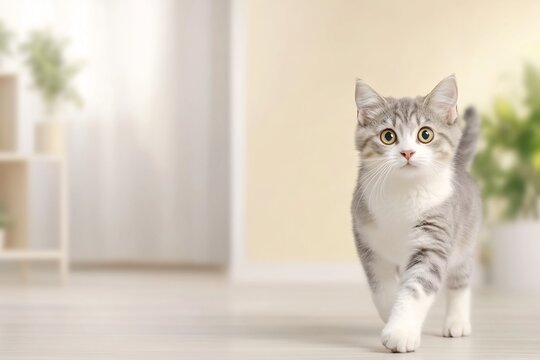 Playful gray kitten exploring a bright, cozy living room with plants - Powered by Adobe