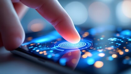 A detailed shot of a finger hovering over a fingerprint sensor on a smartphone screen, the screen showing a glowing, futuristic interface. The skin texture and subtle details of the finger should be v