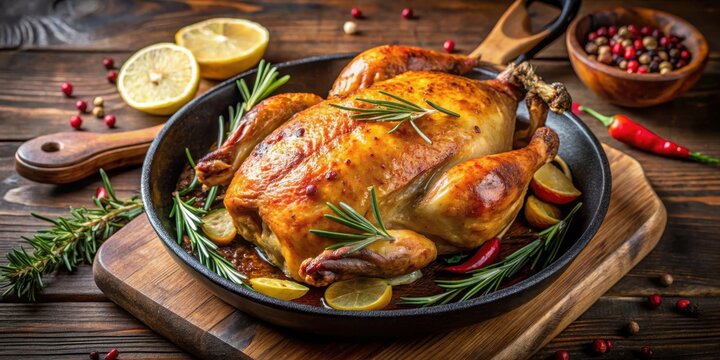 Sizzling baked whole chicken on a sizzling pan with aromatic spices and herbs, creating a savory aroma in a kitchen setting, savory aroma, hot pan