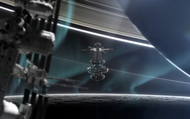 3D illustration of futuristic space station. Hard surface. High quality render, digital cosmic sci-fi art in 5K - realistic visualization
