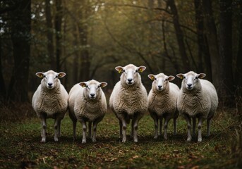 Fototapeta premium sheeps in the forest with sun backlight, captured in a portrait