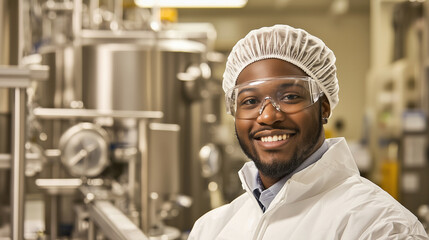 A smiling male employee in white protective gear, including a sterile suit and goggles, stands proudly in a modern pharmaceutical plant. The blurred background highlights conveyor