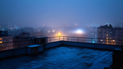 Fototapeta premium Night City Rooftop View Foggy Atmosphere Dark Blue Urban Scene Mist Calm Moody Image Lights Serene 