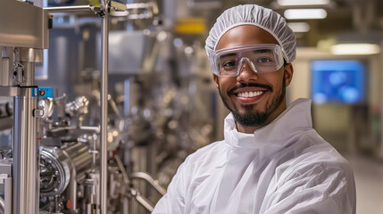 A smiling male employee in white protective gear, including a sterile suit and goggles, stands proudly in a modern pharmaceutical plant. The blurred background highlights conveyor