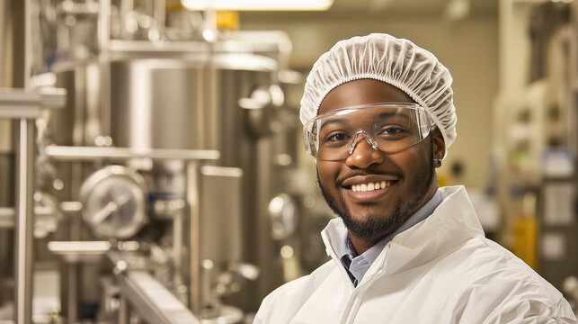 A smiling male employee in white protective gear, including a sterile suit and goggles, stands proudly in a modern pharmaceutical plant. The blurred background highlights conveyor