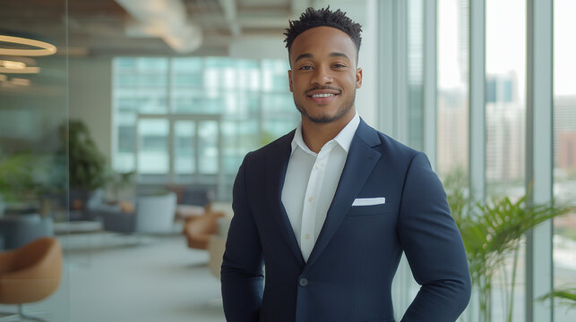 A confident young entrepreneur wearing a tailored navy suit and a crisp white shirt, standing in a brightly lit conference room with large glass windows overlooking a skyline