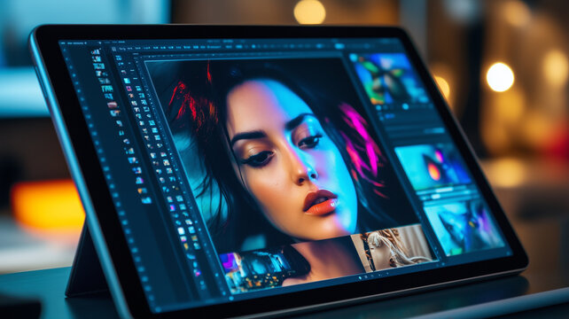 Woman's Portrait Photo Editing on a Digital Tablet