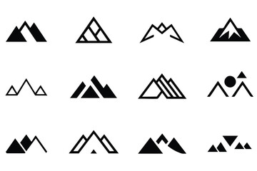 A collection of nine stylized mountain icons, perfect for logos, branding, web design, or graphic elements