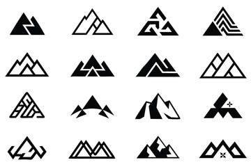 A set of twelve unique, abstract mountain logos