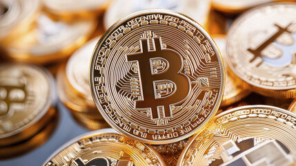 Digital currency coins stacked together, showcasing golden Bitcoin symbol