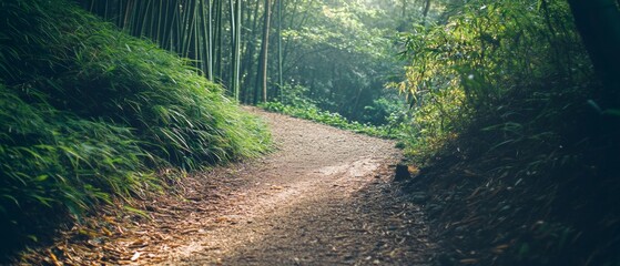A winding forest path bordered by towering bamboo evokes a sense of quiet solitude and adventure under the soft, dappled sunlight.
