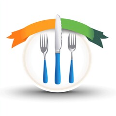 Silver knife and forks on a white plate with ribbons, food related use