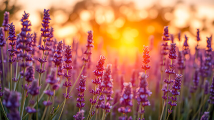 Obraz premium Picturesque vibrant field of lavender under golden sunlight, wonderful dreamy purple floral closeup at sunset. Amazing summer nature blur background. Beauty of nature and tranquility