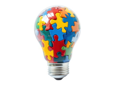 Isolated Light Bulb Filled with Puzzle Pieces