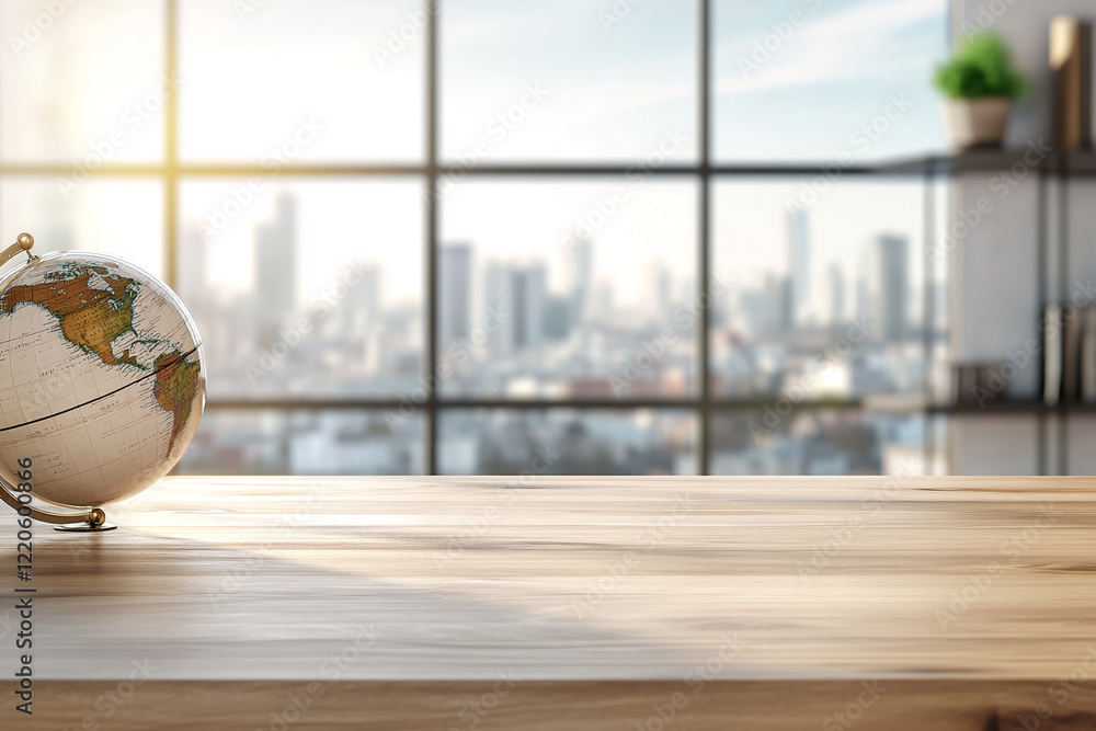 Poster globe on a wooden desk with a modern city skyline view through large windows. business background