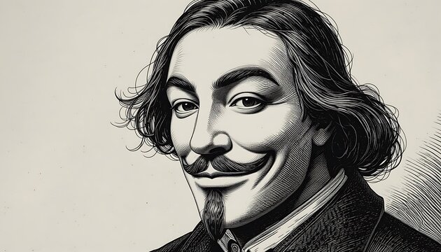 A meticulously detailed black and white illustration of the renowned playwright Moliere, showcasing his distinctive facial features and elaborate hairstyle.