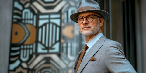 A stylish gentleman stands confidently in front of artistic background. His hat and suit reflect elegance. Perfect for fashion, portrait, and lifestyle photography. AI