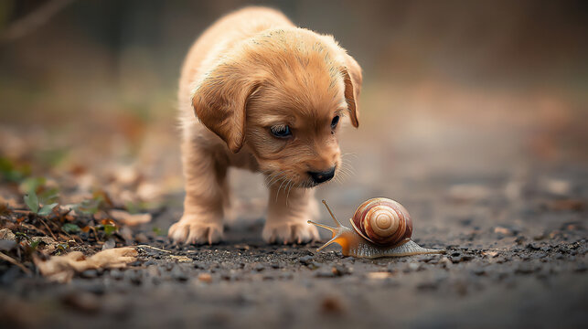  puppy sniffing snail