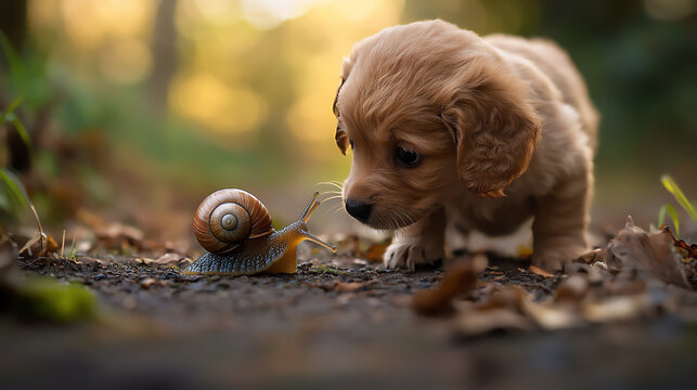  puppy sniffing snail