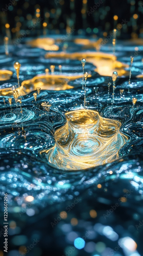 Aufkleber abstract golden and blue liquid waves with droplets create a mesmerizing and dynamic scene