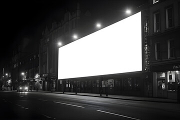 Mock-up of a blank white building hoarding branding space in London at night