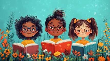 Three cheerful diverse girls reading books in a field of flowers illustration about education and learning for young children