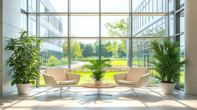 Modern office lobby with large windows, sunlight, plants, and seating.