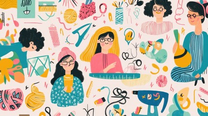 Colorful illustration of women crafting and creating art