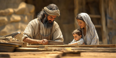 Working St Joseph the carpenter and baby Jesus with Mary. AI generative.
