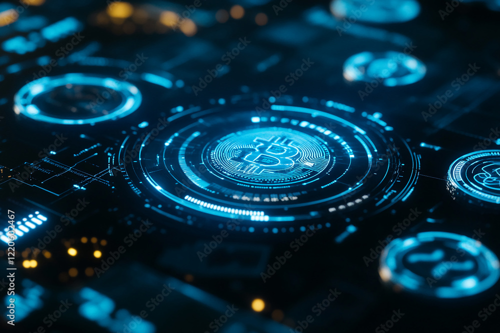 Poster Futuristic cryptocurrency interface with glowing Bitcoin symbol and digital elements