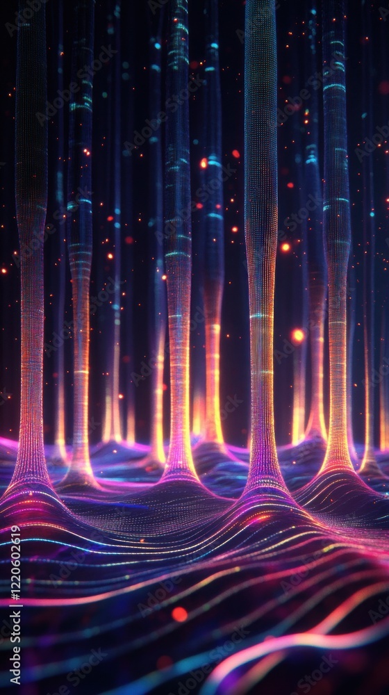 Poster abstract digital network illustration with colorful lights and data streams on a dark background